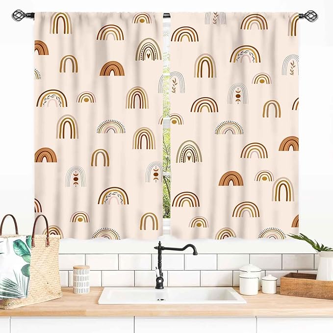 Rainbow Curtains, Boho Pastel Cute Cartoon Aesthetic Art Printed Beige Blackout Decorative Drapery for Kids Girls Baby Bedroom Living Room Classroom Nusery Bathroom Windows 2 Panels, 55x39 Inch