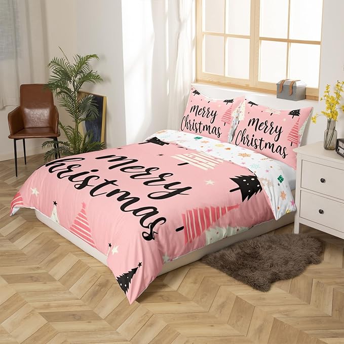 Feelyou Merry Christmas Bedding Set Christmas Tree Duvet Cover for Kids Boys Girls Stars Print Comforter Cover Pink Christmas Bedspread Cover with 2 Pillowcases 3Pcs Bedding Queen,No Comforter
