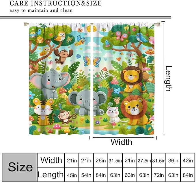 Cartoon Animals Curtain Jungle Forest Elephant Lion Butterfly Floral Print Curtains for Kids Boys Girls Nursery Baby Bedroom Playroom Home Decor Window Drapes 55" W X 63" L