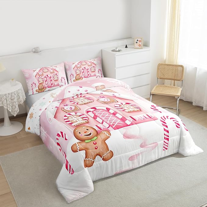 Feelyou Gingerbread Man Comforter Set Queen Size Gingerbread House Bedding Set for Kids Boys Girls Candy Canes Duvet Quilt Pink Christmas Scheme Bedroom Decor Snowflake 3 Pcs with 2 Pillow Cases