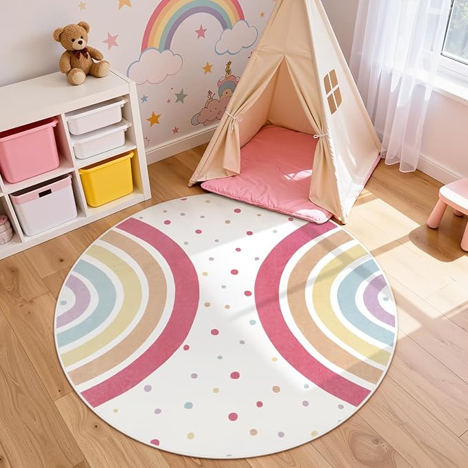 STARUIA Round Rainbow Rug for Girls Bedroom, 4 Ft Washable Kids Rug for Baby Nursery, Non-Slip Circle Area Rug Colorful Princess Carpet for Teen Dorm Playroom Tent