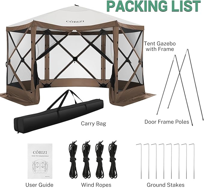 COBIZI 12x12ft Pop up Gazebo Screen Tent Screen House for Camping, Camping Outdoor Screened Gazebo, Canopy Tent,Portable Hub with Carrying Bag and Ground Stakes, BrownUpgraded 2.0