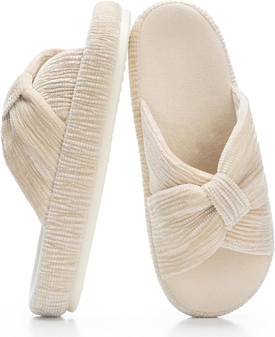 Chantomoo Slippers for Women Memory Foam House Bedroom Corduroy Bow Crossbands Slipper Shoes Comfy Trendy Gift Slippers