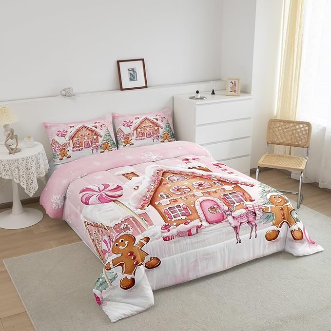 Gingerbread House Kids Comforter Set Full Size,Gingerbread Man Xmas Tree Cabin Deer Bedding Set,Girls Women Room Decor,Christmas Snowflake Down Comforter,Pink Brown Duvet Insert,2 Pillowcases