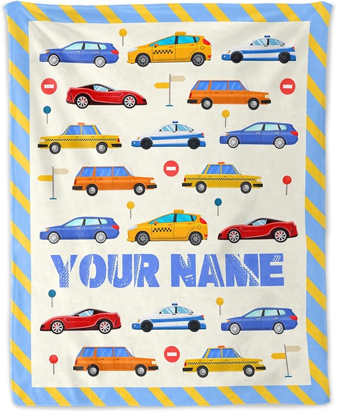 Personalized Car Blanket for Car Lovers - 50" x 60" Inches Blue Warm Furry Throw Blanket Gift - Cartoon Throw for Sofa, Work, Living Room