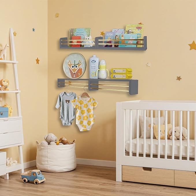 Nursery Wall Bookshelves 4-Pack, Floating Shelves for Kids Room Décor, Baby & Toddler Book Shelf Organizer, Solid Wood Wall-Mounted Rack for Books, Toys & Nursery Storage
