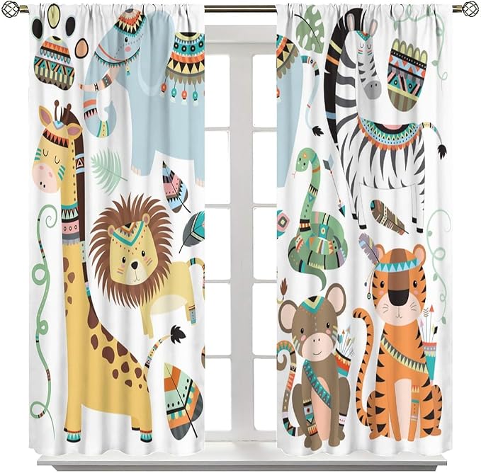 Jungle Tribal Animals Curtains, Southwest Aztec Cartoon Funny Zoo Animals Giraffe Lion Elephant Zebra Tiger Print Thermal Insulation Window Drapes for Kids Boys Girls Bedroom Living Room 55x63in