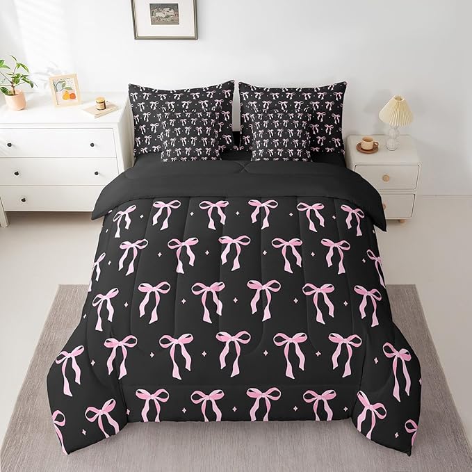 7 Pieces Pink Bowknot Kids Comforter Twin,Stars Watercolor Bow Tie Patchwork Bedding Set,Butterfly Knot Princess Black Noble Chic（Comforter+Fitted+Flat Sheet+2 Pillowcases+2 Throw Pillow Covers）