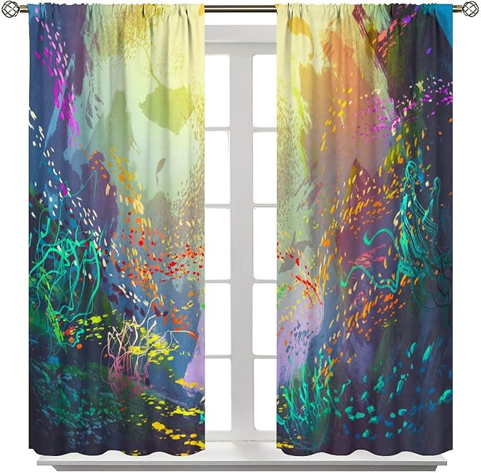 Ocean Blackout Curtain, Untouched Wild Underwater Aquatic World Corals Exotic Fishes Seascape Curtain for Living Room Cafe Set 2 Panels,63x72 Inches