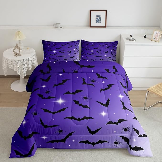 Erosebridal Bat Comforter Set King Size for Kids Galaxy Glitter Bedding Set with 2 Pillow Cases Happy Halloween Quilt Gothic Spooky Down Comforter Purple and Black