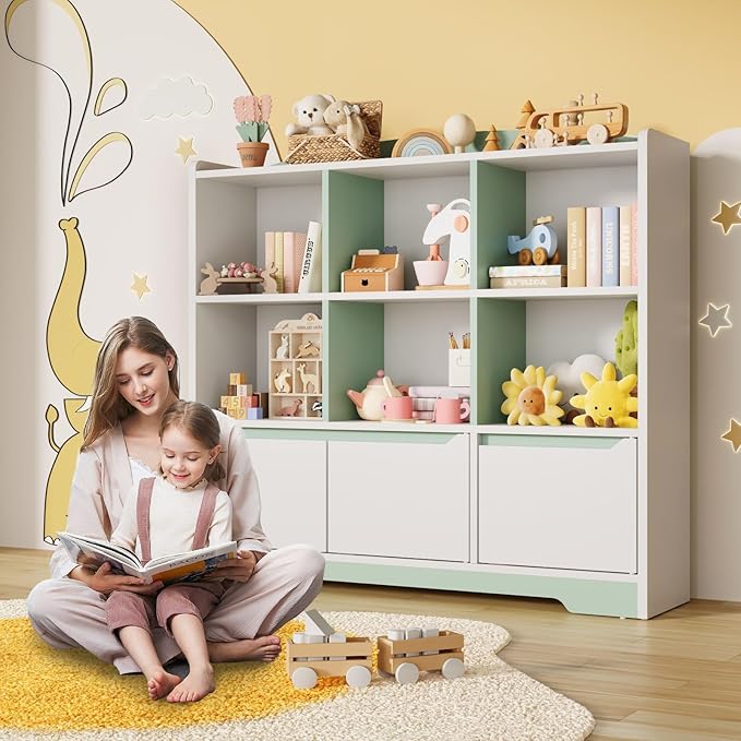 Kids Bookshelf and Toy Organizer, 2 Tier Kids Book Shelf for Kid Rooms with 2 Doors, 6 Cubes Storage Organizer,Wood Children Bookcase,Freestanding Toddler Book Display Shelf for Playroom WhiteGreen