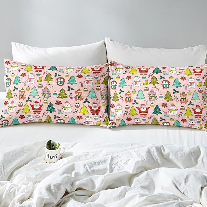 Manfei Christmas Duvet Cover Set King Size, Santa Claus Xmas Trees Animals Snowman Bedding Set 3pcs for Kids Girls, New Year Comforter Cover Soft Polyester Quilt Cover with 2 Pillowcases,No Comforter