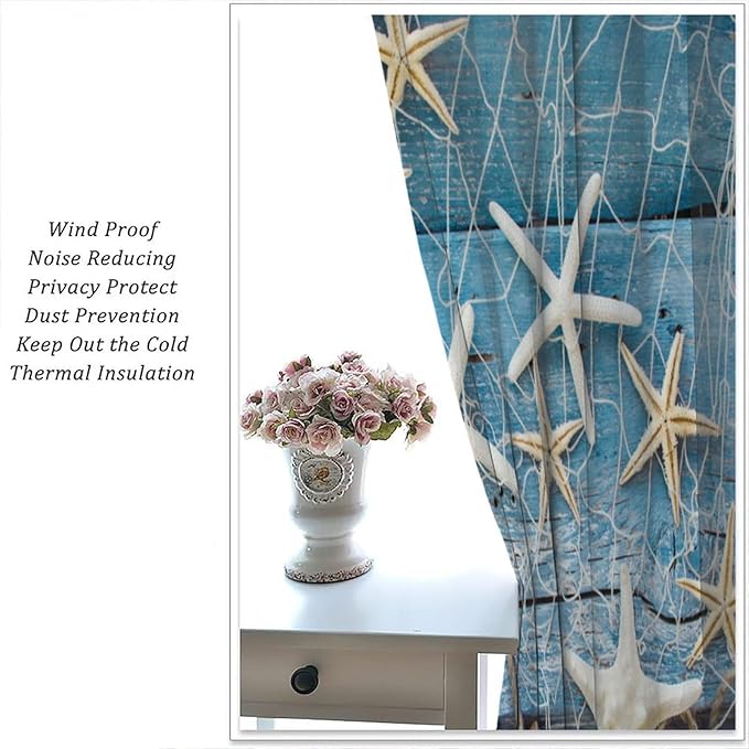 Marine Life Blackout Curtains Watercolor Water Grass Shell Print Curtains for Living Room Bedroom Privacy Curtains 72x63 Inches