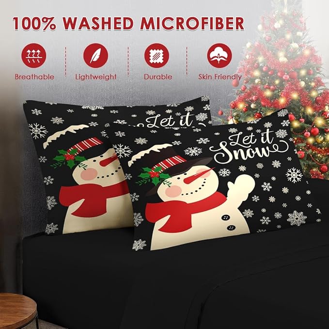 5 Pcs Twin Size Christmas Comforter Set with Pillowcase & Sham, Black Cartoon Snowman Bedding for Kids and Adults, Retro Snow Scene Bed in a Bag with Flat Fitted Sheet
