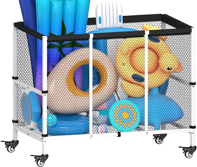 150 Gallon Swimming Pool Storage Bin, Outdoor Rolling Pool Toy Organizer Cart for Swimming Acessories, Pool Noodles Holder for Floaties, Life Vests, Beach Essentials, Patio Furniture, White