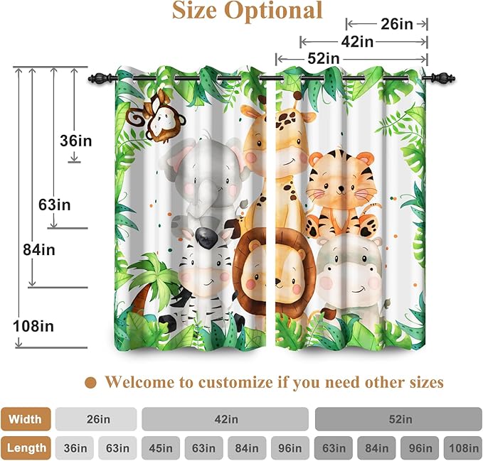 Renaiss 42 x 63 Inch Safari Animal Blackout Curtains for Kids Bedroom Tropical Rainforest Lions Tigers Elephants Giraffes African Jungle Plant Print Curtain Drapes for Baby Nursery Room Decor 2 Panels