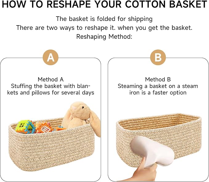 Small Storage Baskets for Organizing | Closet Organizer Bins | Shelf Toy Basket | Woven Rope Baskets | Cube Decorative Box | Shallow Basket | 11.5x7.5x4.7” | 3 Packs White Brown