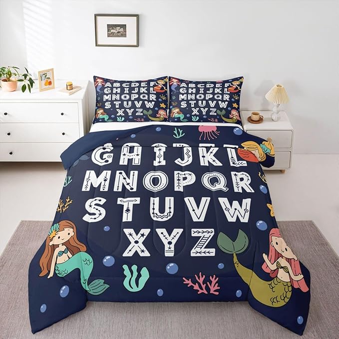 Feelyou Alphabet Kids ABC Learning Bedding Set for Boys Girls, Cute Mermaid Comforter Set Queen Size Educational Nursery Art Duvet Quilt Microfiber Sealife Bedroom Decor 3 Pcs with 2 Pillow Cases