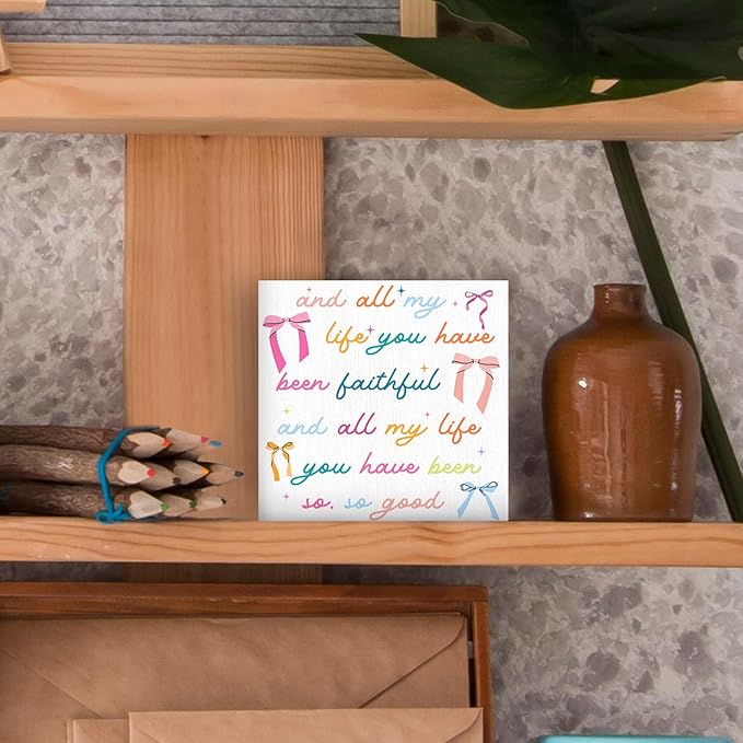 Christian Coquette Bow Wood Box Sign - Inspirational Desk Shelf Decor, Bible Verse Decor, All My Life You Have Been Faithful Christian Wooden Block Plaque Box Sign for room Table Decorations