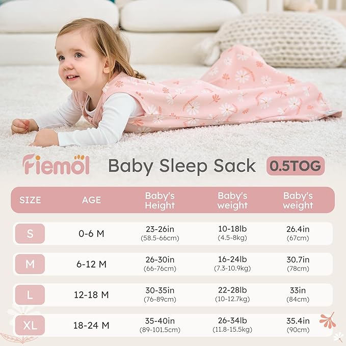 Baby Sleep Sack 12-18 months, 100% Cotton Sleeping Sack for Newborn and Infant, 3 Pack Baby Wearable Blanket for Boy and Girl, 0.5 Tog Lightweight Double Zipper Sleep Bag Pink Orange Flower