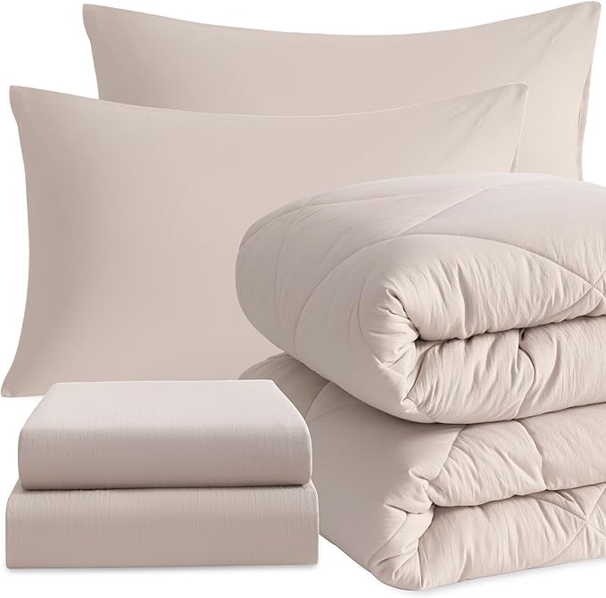 NTBAY Twin Comforter Set with Sheets, 5 Pieces Soft and Breathable Twin Bedding Set, Twin Bed in a Bag, Down Alternative Comforter Set Solid Color All Season, Kids Bedding Set, Taupe