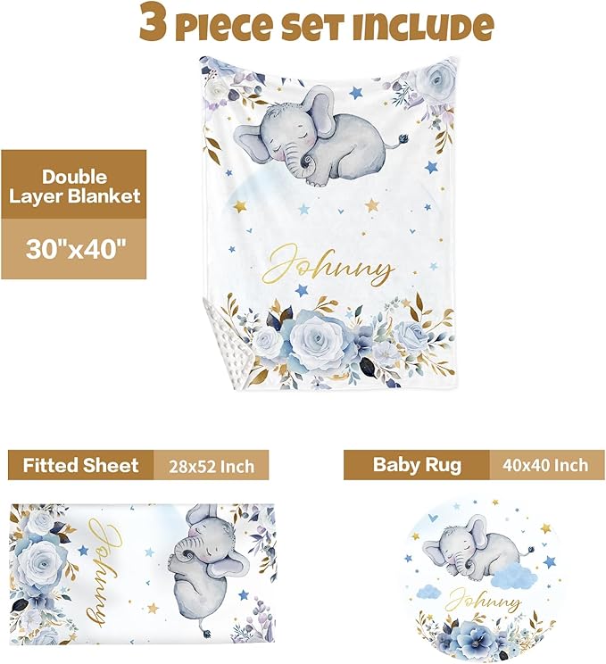 Custom Baby Crib Bedding Set, 3 Pcs Personalized Nursery Bedding Set with Name, Soft Baby Bedding Crib Sets with Blanket - Toddler Crib Sets for Girls Boys, Infant Newborn Gifts, Blue Elephant