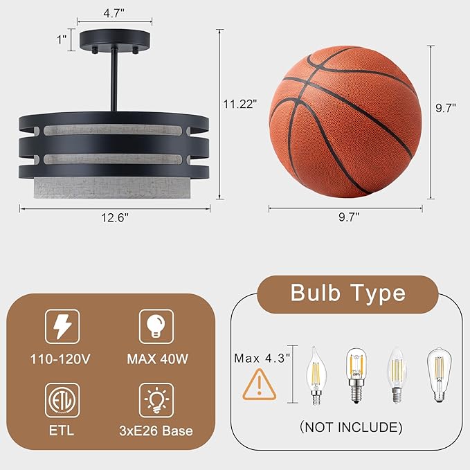 12.6” Drum Semi Flush Mount Ceiling Light Fixture 3-Light Black Fabric Ceiling Lights with Linen Shade, Farmhouse Close to Ceiling Lighting for Bedroom Hallway Kitchen Entryway Foyer Dining Room
