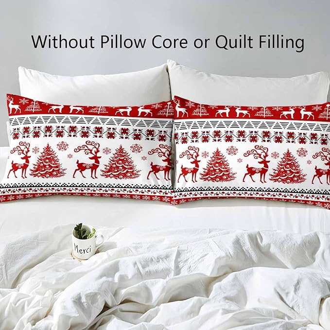 LUVIVIHOME 3PCS Christmas Duvet Cover Full Bedding Set, Red and White Striped Duvet Cover, Reindeer Deer Christmas Tree Snowflake Winter Holiday Xmas New Year Christmas Comforter Cover, 2 Pillow Shams