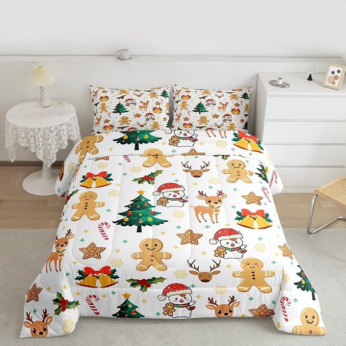 Feelyou Merry Christmas Comforter Set All Season Gingerbread Man Bedding Set with 2 Pillow Cases Cute Deer Microfiber Kids Full Bedclothes Christmas Tree Duvet Quilt Breathable Soft Lightweight