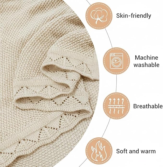 Baby Knit Blanket Soft Breathable Cotton Scallop Border Blankets Newborn Knitted Blanket Swaddle Blankets Gifts for Baby Newborn Toddler Shower Boy Girl New Mom Birthday Christmas Cream 30x30