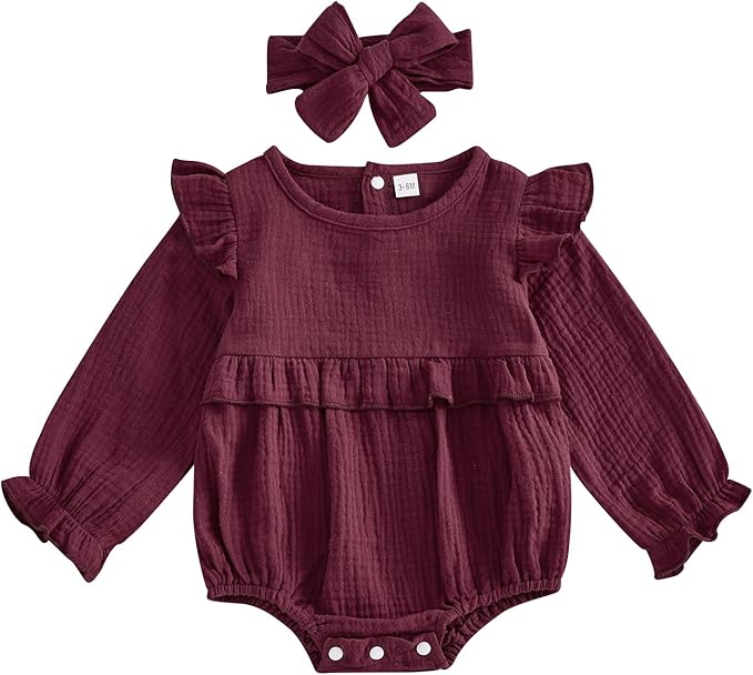 Newborn Infant Baby Girl Clothes Cotton Linen Long Sleeve Smocked Bubble Romper Ruffle Bodysuit Jumpsuit Fall Outfit