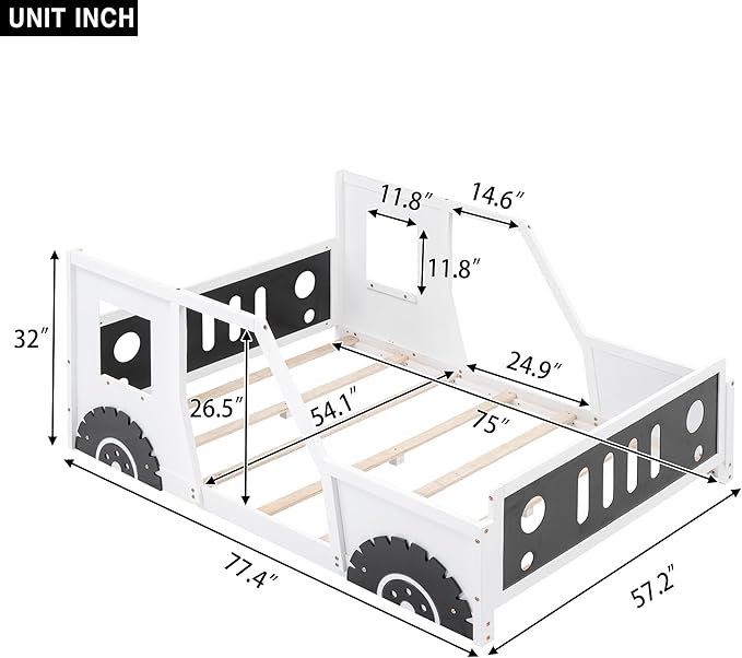 Full Car Bed, Full Size Kids Bed, Classic Car-Shaped Platform Bed with Wheels, Wood Full Montessori Bed, Full Floor Bed Frame for Boy Girls, White+Black