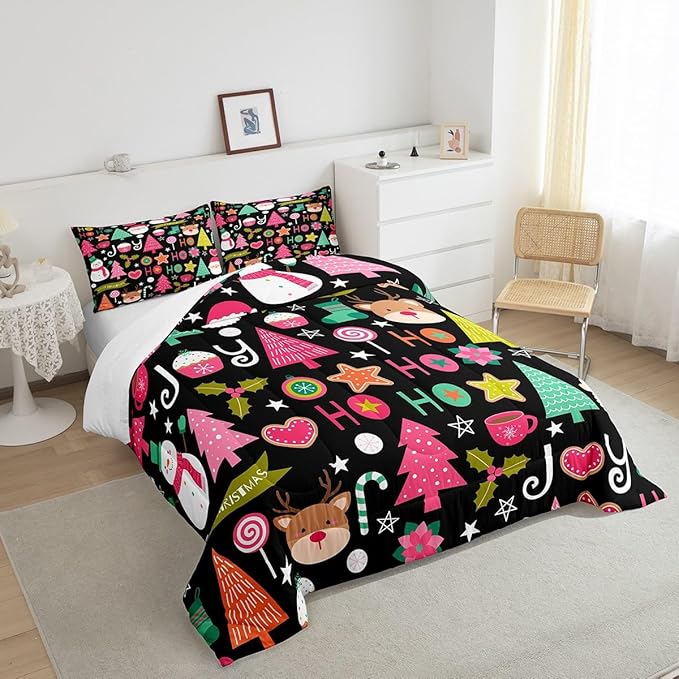 Merry Christmas Kids Comforter Set Twin Size,Cartoon Santa Claus Snowman Xmas Bedding Set,Boys Girls Adults Room Decor,Christmas Trees Deer Cute Down Comforter,Colorful Duvet Insert,1 Pillowcase