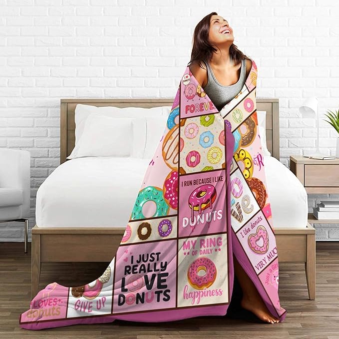 Pink Donut Fleece Blanket Dessert Throw Blankets for Girls Boys Super Soft Warm Flannel Cute Food Throws Gifts for Men Women Cozy Fuzzy Plush Stuffed Couch Bed Bedding Decor 80"x60"