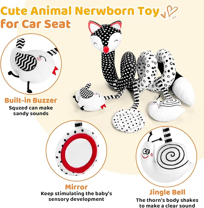 FATI Car Seat Toys for Babies, Hanging Toys for Newborns, Black and White High Contrast Toy for Baby, Spiral Stroller Toys for 0-12 Months Baby - Ideal Gift