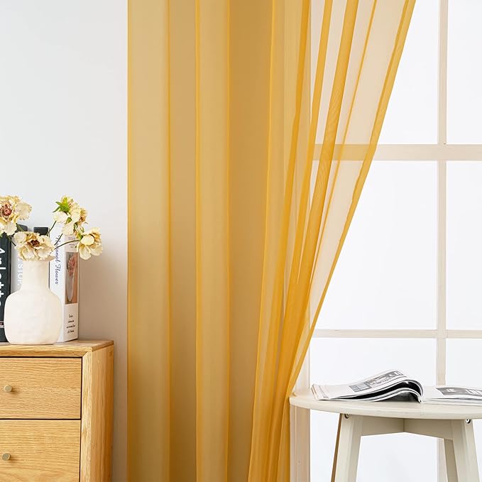 MIULEE 2 Panels Solid Color Sheer Window Curtains Elegant Window Voile Fall Panels/Drapes/Treatment for Bedroom Living Room (54X45 Inches Gold)
