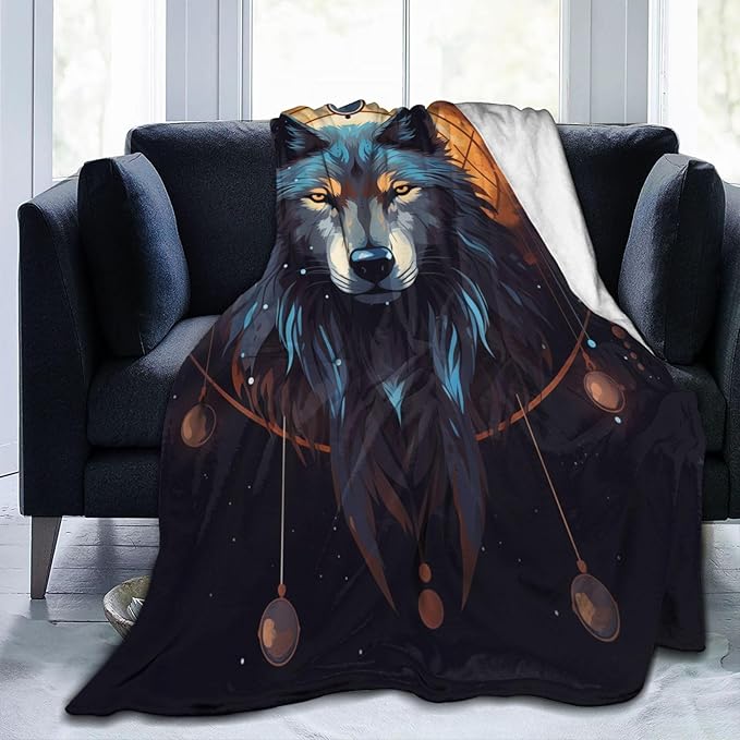 Cartoon Wolf Dream Catcher Blanket Gifts Moon Wolves Flannel Throw Blankets for Home Decor Couch Bed Sofa Soft Fuzzy Lightweight for All Season 60x50 Inches
