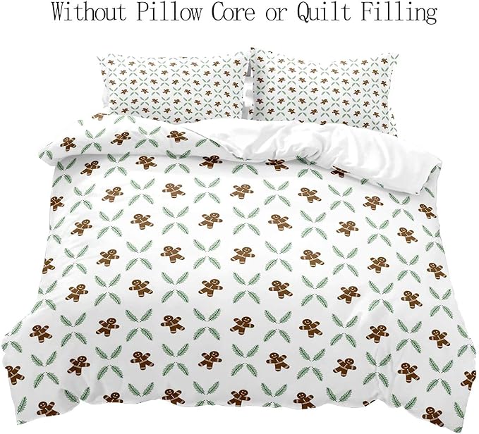 LUVIVIHOME 3PCS Gingerbread Man Duvet Cover Full Bedding Set, White Duvet Cover, Teens Boys Girls Kids Bedding, Green Plant Pine Picks Leaves Winter Holiday Christmas Comforter Cover, 2 Pillow Shams