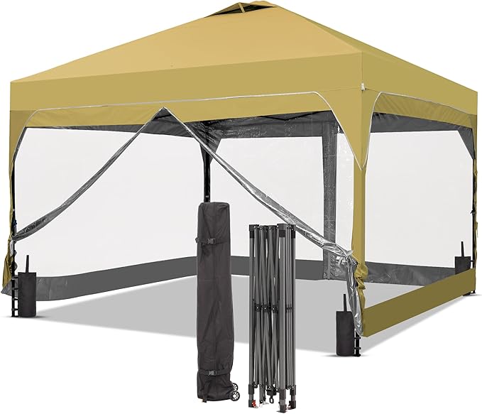 GDY 12x12FT Pop Up Canopy Tent with One Push Setup, Easy Setup Gazebo with 4 PVC Transparent Sidewalls for Events, Parties, Camping, Khaki