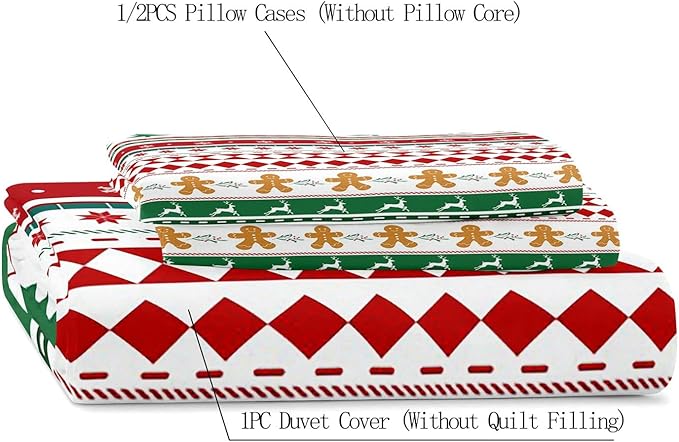 LUVIVIHOME 3PCS Christmas Duvet Cover Full Bedding Set, Gingerbread Man Christmas Tree Snowflake Poinsettia Reindeer Winter Holiday Xmas Gifts Red Green White Striped Comforter Cover, 2 Pillow Shams