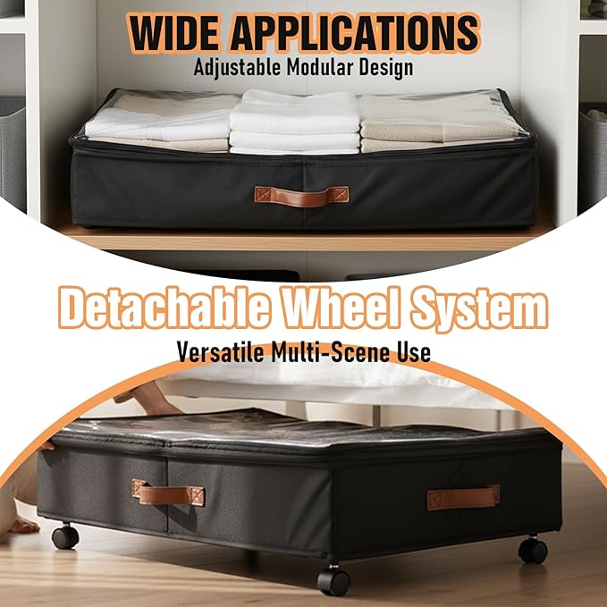 AVOKIHI Under Bed Storage Containers with Wheels, 60L Large Underbed Organizer Box for Clothes, Blankets & Shoes, 9.5 Inch Adjustable Height Under the Bed Storage Bin with Clear Top