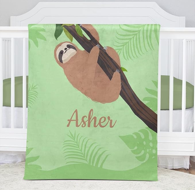 Sloth Green Personalized Receiving Sherpa Fleece Baby Blankets for Girls Boys Kids, Swaddle Blankets Gift for Newborn Crib Infants 30x40 Inches
