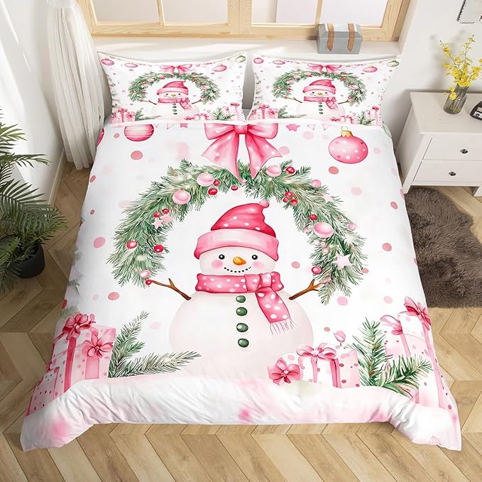 Manfei Christmas Kids Duvet Cover Set Queen Size, Cute Snowman Holly Leaf Bedding Set for Boys Girls Adult, Pink Bowknot Xmas Comforter Cover, Lightweight Bedspread Cover, 2 Pillowcases, No Comforter
