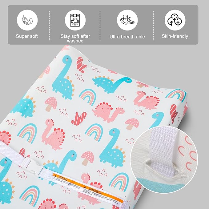 Changing Table Pad Cover Elastic Changing Pad Cover Premium Baby Changing Pad Cover 2 Pack for Boys Girls Soft and Comfortable (Rainbow and Dinosaur Park)