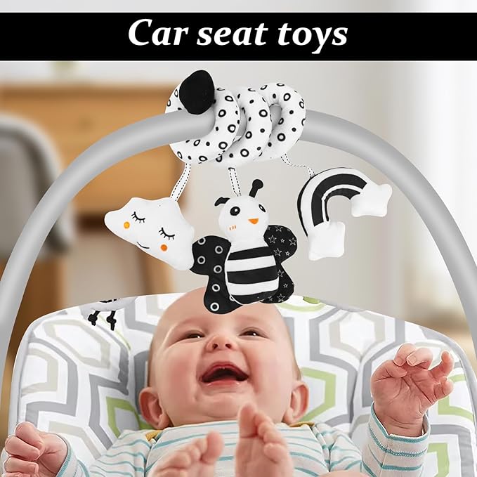 High Contrast Baby Toys for Newborn, Black and White Baby Toys, Newborn Toys 3 Months Brain Development with Car Seat Toys Hanging Rattle Toys (Classic Edition)