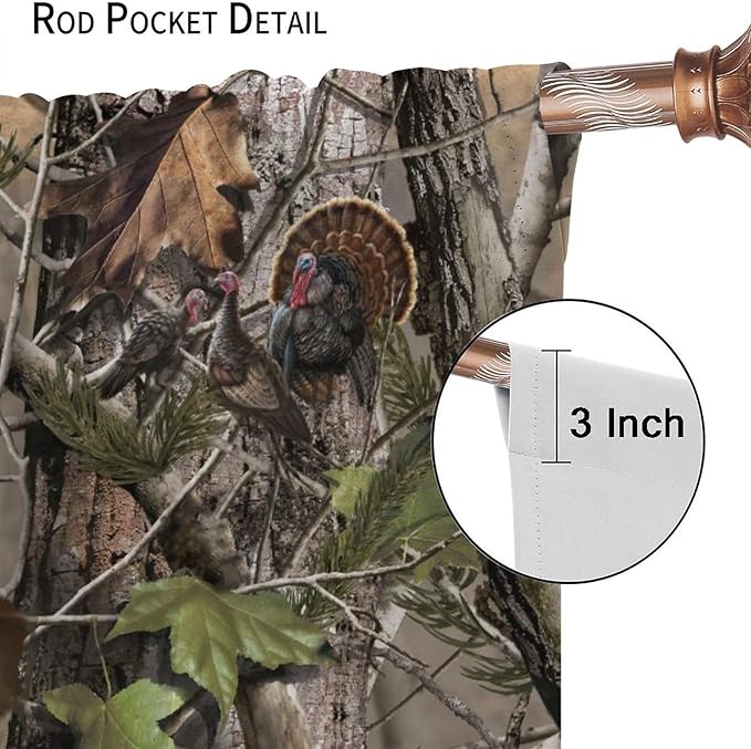 Retro Forest Window Curtains, Camouflage Hunting Tree Camo Rustic Deer Elk Bird Bear Blackout Rod Pocket Windows Door Curtain for Bedroom Living Room Home Decor 63x72in