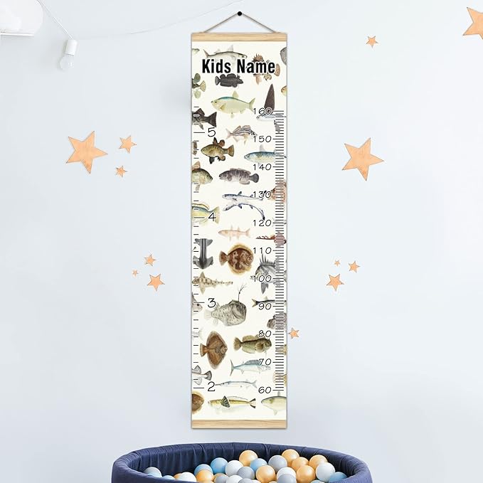 Personalized Kids Name Growth Chart Ruler for Wall Wood Frame Height Measure Chart 13.4x56 in Linen Hanging Height Growth Chart Colored Fish Drawing Kids Room Decor