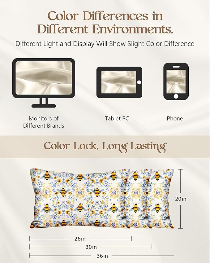 Silk Pillowcase 2 Pack - Cute Pillow Cases 20" x 26" Standard Size Set of 2 for Hair and Skin Smooth Soft Breathable with Hidden Zipper Cooling Pillow Covers for Sleeping, Flower Bee