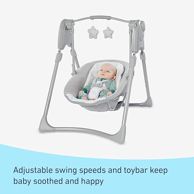 Graco Slim Spaces Compact Baby Swing, Space Saving Portable Bay Swing with Height Adjustable Legs & Soft Toys, Reign