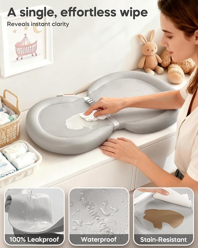 Baby Changing Pad with Waterproof & Wipe-Clean, Non-Slip Foldable PU Diaper Changing Pad, Adjustable Safety Belt, Changing Pad for Dresser, Changing Table,30"X19",Gray